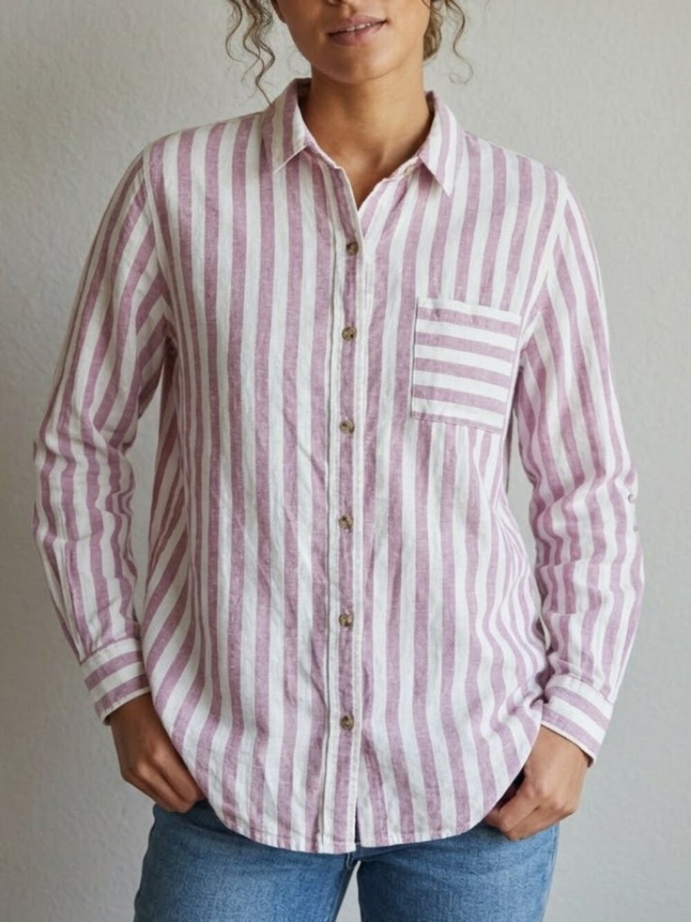 Marine Layer Women's Pink Striped Long Sleeve Hemp Lyocell Blend X-Large Classic